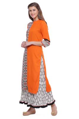   Orange printed rayon kurti 2