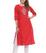 Geroo Jaipur Red Hand Embroidered Straight Pure Cotton Kurta