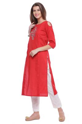   Red Hand Embroidered Straight Pure Cotton Kurta 2