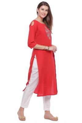  Red Hand Embroidered Straight Pure Cotton Kurta 3