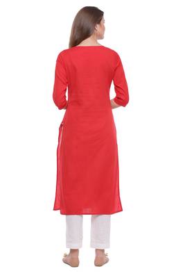   Red Hand Embroidered Straight Pure Cotton Kurta 4