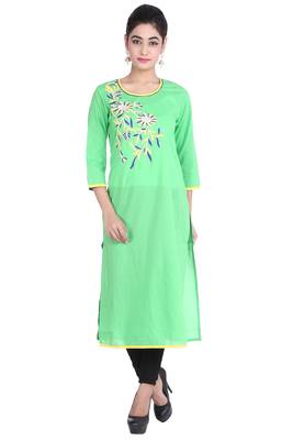   Green Embroidered Straight Cotton Kurta 1