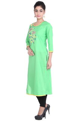   Green Embroidered Straight Cotton Kurta 2