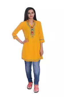 Geroo Jaipur Yellow embroidered cotton kurti