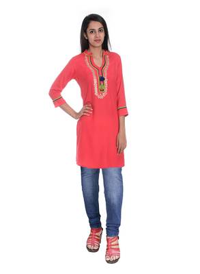   Orange embroidered cotton kurti 1