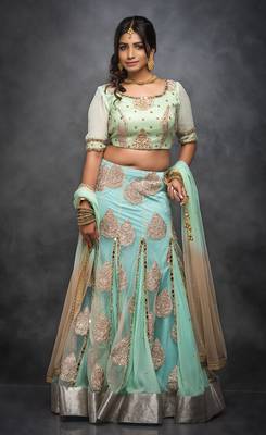 Light green embroidered net stitched lehenga with dupatta 1