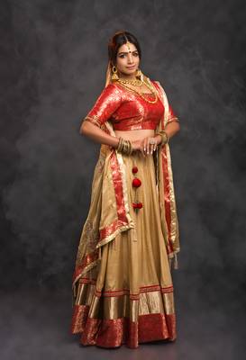Gold embroidered art silk stitched lehenga with dupatta 1