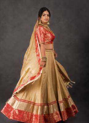Gold embroidered art silk stitched lehenga with dupatta 3