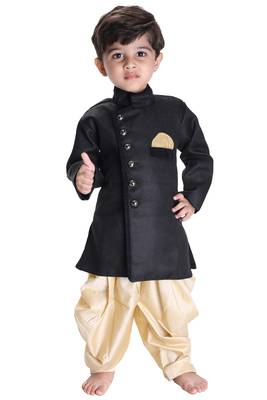 Boys' Black Cotton Blend Sherwani Style Kurta Set 1