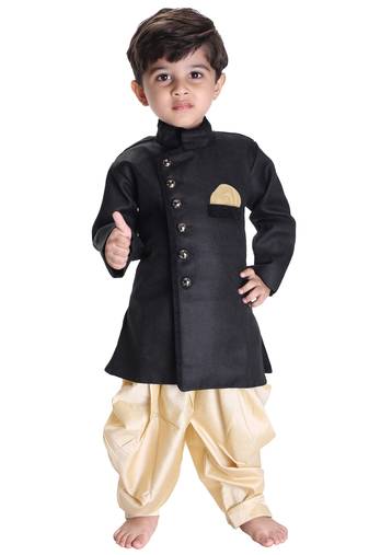 Boys' Black Cotton Blend Sherwani Style Kurta Set