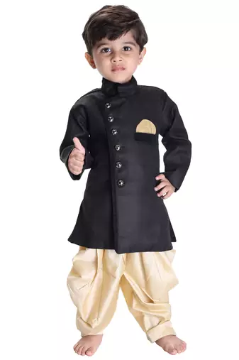 Boys' Black Cotton Blend Sherwani Style Kurta Set