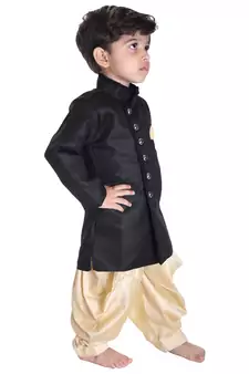 Boys' Black Cotton Blend Sherwani Style Kurta Set