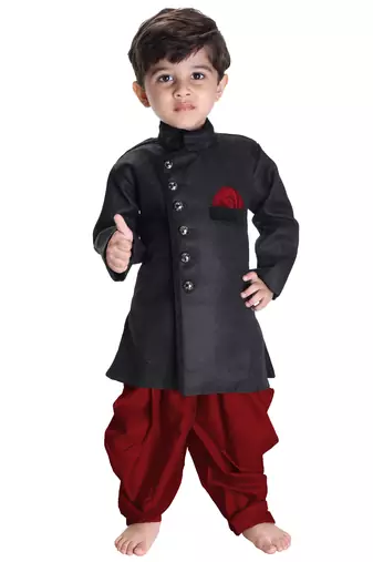 Boys' Black Cotton Blend Sherwani Style Kurta Set