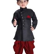 Boys' Black Cotton Blend Sherwani Style Kurta Set