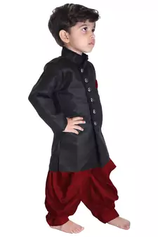 Boys' Black Cotton Blend Sherwani Style Kurta Set