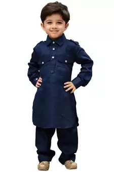 Boys' Blue Cotton Pathani Khan Suit Set