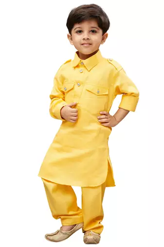 Boys' Yellow Cotton Pathani Khan Suit Set