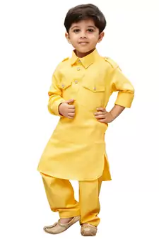 Boys' Yellow Cotton Pathani Khan Suit Set
