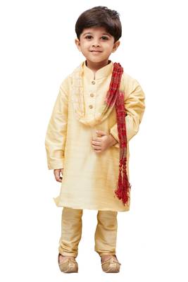 Boys' Gold Cotton Silk Kurta Pyjama And Dupatta Set 1