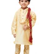 Boys' Gold Cotton Silk Kurta Pyjama And Dupatta Set