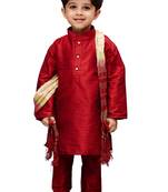 Boys' Maroon Cotton Silk Kurta Pyjama And Dupatta Set