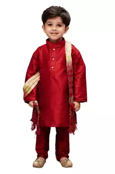 Boys' Maroon Cotton Silk Kurta Pyjama And Dupatta Set