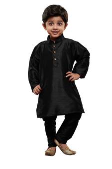 Boys' Black Cotton Silk Kurta And Pyjama Set