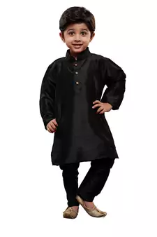 Boys' Black Cotton Silk Kurta And Pyjama Set