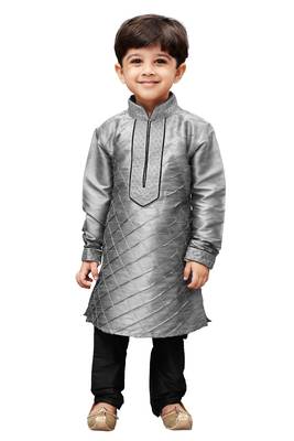Boys' Grey Cotton Silk Kurta And Pyjama Set 1