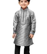 Boys' Grey Cotton Silk Kurta And Pyjama Set