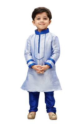 Boys' Light Blue Cotton Silk Kurta And Pyjama Set 1