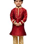 Boys' Maroon Cotton Silk Kurta And Pyjama Set