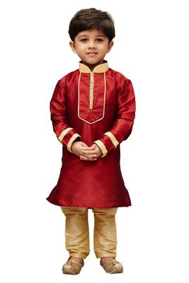 Boys' Maroon Cotton Silk Kurta And Pyjama Set 2