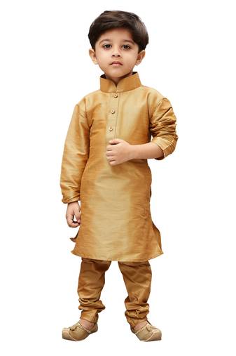 Boys' Gold Cotton Silk Kurta And Pyjama Set