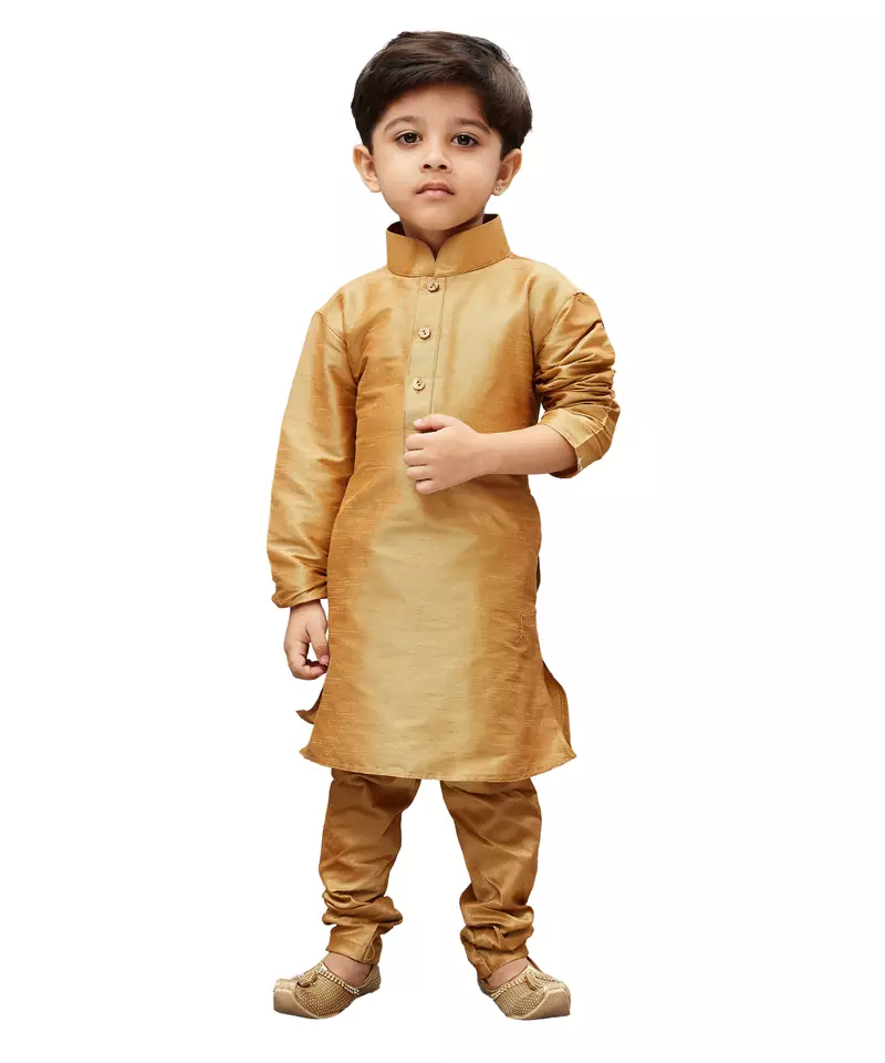 Boys' Gold Cotton Silk Kurta And Pyjama Set