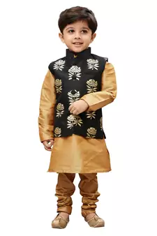 Boys' Gold Silk Cotton Blend Kurta Modi Jacket And Pyjama Set