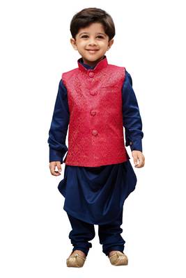 Boys' Blue Cotton Kurta Modi Jacket And Pyjama Set 2