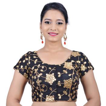 Black Embroidered Art Silk Stitched Readymade-Blouse 1