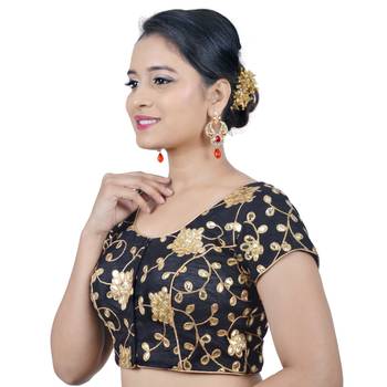 Black Embroidered Art Silk Stitched Readymade-Blouse 2