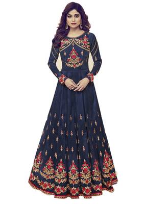 Dark-blue embroidered silk salwar with dupatta 1