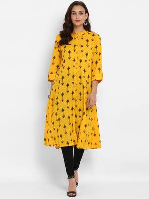 Mustard printed cotton ethnic-kurtis 1