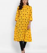 Mustard printed cotton ethnic-kurtis