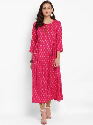 Pink printed rayon long-kurtis 1