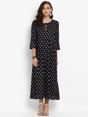 Navy-blue printed rayon long-kurtis 1