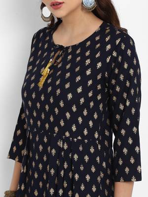 Navy-blue printed rayon long-kurtis 2
