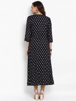 Navy-blue printed rayon long-kurtis 3
