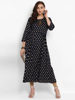 Navy-blue printed rayon long-kurtis 5
