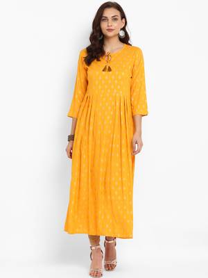 Yellow printed rayon long-kurtis 1