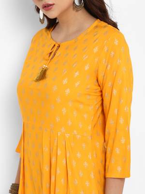 Yellow printed rayon long-kurtis 2