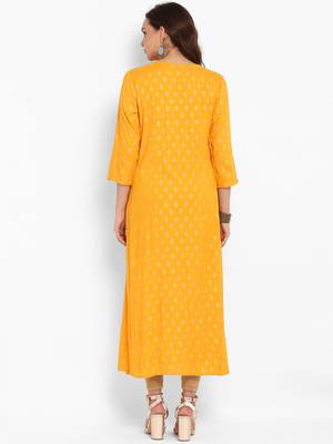 Yellow printed rayon long-kurtis 3